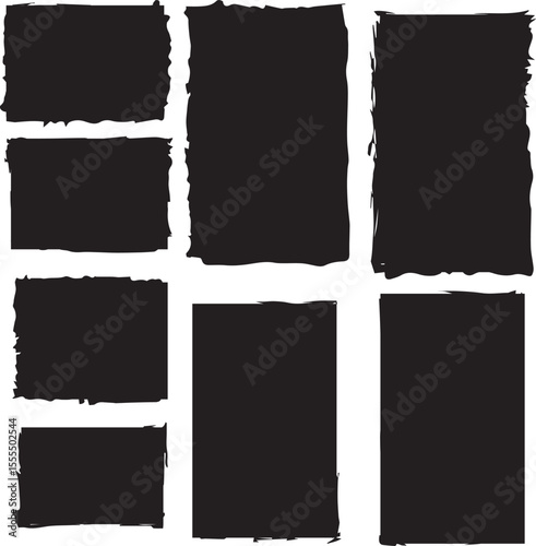 Set of jagged rectangle shape black ripped paper silhouette isolated design on white background 
