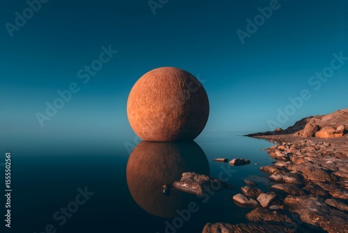 Giant Sphere Reflecting in Calm Waters Under a Vast Blue Sky