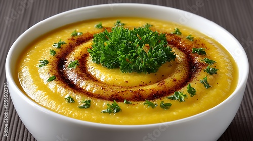 Creamy Yellow Soup with Parsley Garnish in White Bowl