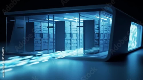 Futuristic Data Center: High-Tech Server Room with Blue Light Streams