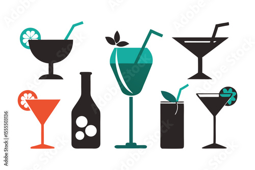 cocktails drink icon collection silhouette on white background