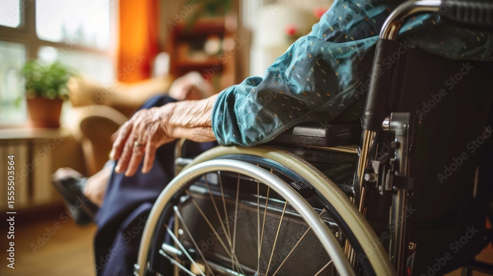 Obraz premium Elderly woman in a wheelchair receiving healthcare support from a caregiver.