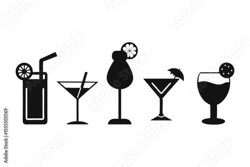set of cocktails black silhouette icon on white background