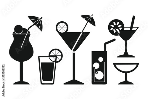 set of cocktails black silhouette icon on white background