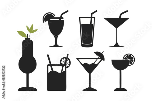 set of cocktails black silhouette icon on white background