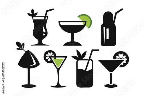 set of cocktails black silhouette icon on white background
