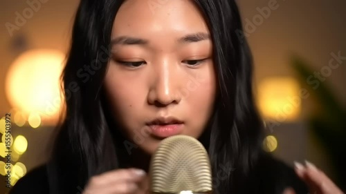Young woman performing ASMR session with microphone, soft lighting and blurred background ambiance