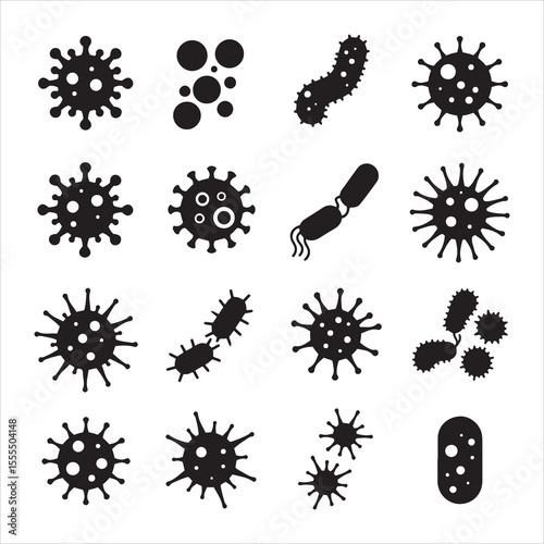 Collection of black and white microorganism and virus silhouettes