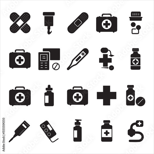 Collection of medical icons representing healthcare and first aid supplies