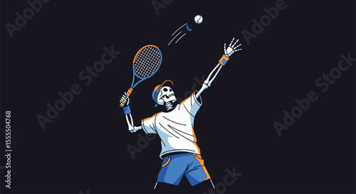 Skeleton Athlete Serves a Tennis Ball During a Match with a Racket on a Dark Background