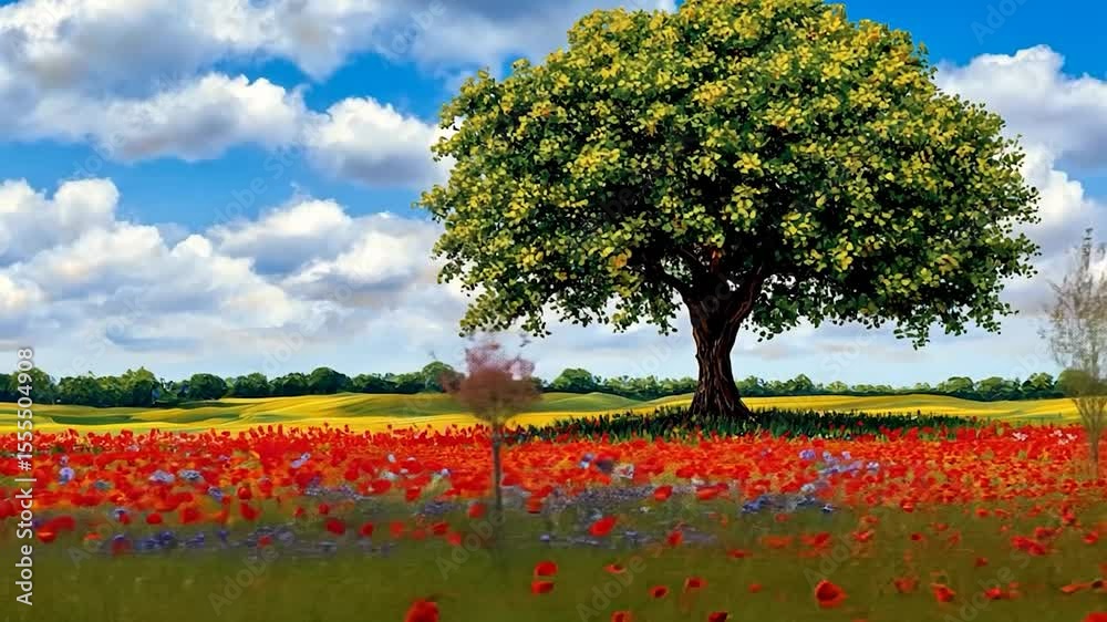 Colorful field of wildflowers under a bright sky with a large tree