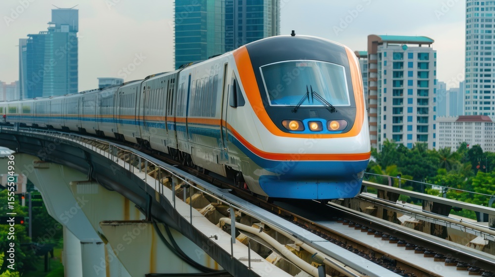 Naklejka premium High-speed train traveling on an elevated track.