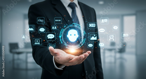 Wallpaper Mural Businessman presenting digital avatar and social media icons in his hand in an office setting Torontodigital.ca