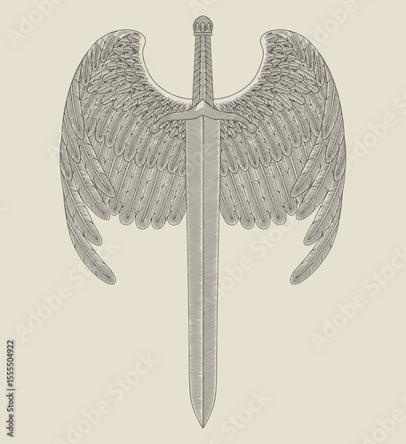 antique sword with wings, vintage engraving drawing style illustration
