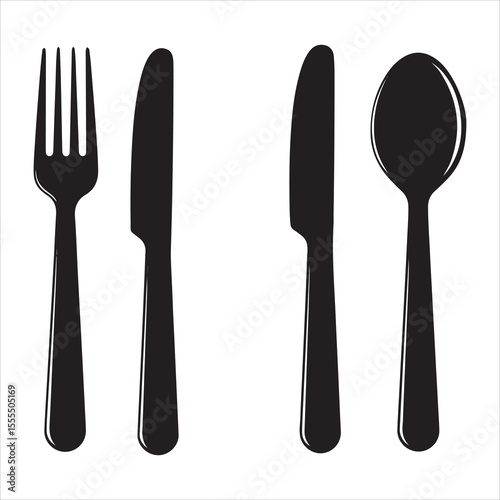 A set of black silhouettes of a fork two knives and a spoon