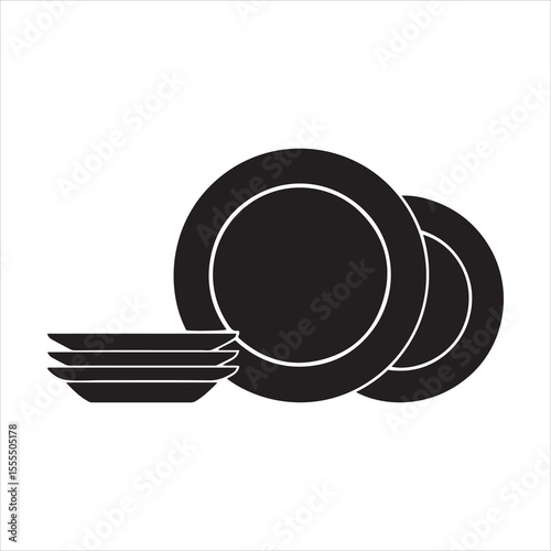 Simple black silhouette of stacked plates and saucers on white background