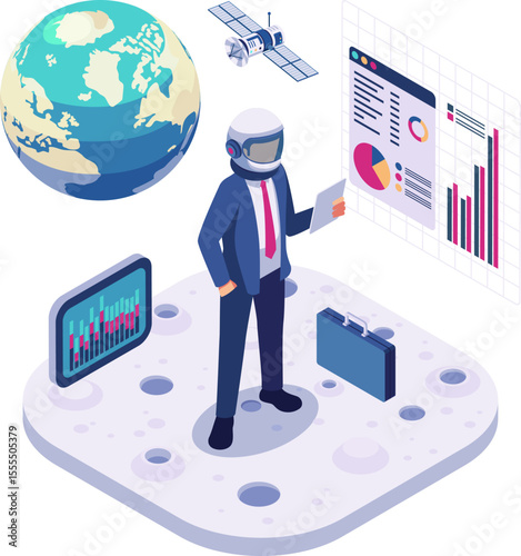 Isometric Businessman in Space Suit Analyzing Investment Chart