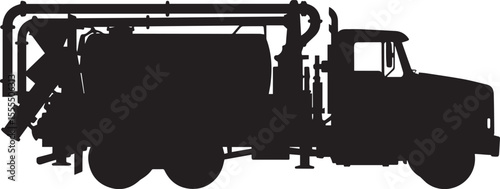 Grout Pump Truck Flat Black Silhouette with Visible Pump Hoses and Tank, Specialized Construction Vehicles on Transparent Background