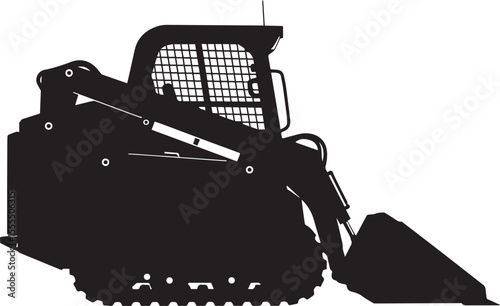 Compact Track Loader Flat Black Silhouette with Rubber Tracks and Bucket, Specialized Construction Vehicles on Transparent Background