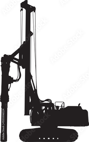 Pile Driver Construction Vehicle Silhouette in Flat Black with Hammer Arm and Base, Specialized Construction Vehicles on Transparent Background