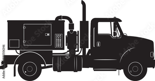 Generator Truck Flat Black Silhouette with Generator Unit, Construction Utility Support Vehicles on White Background