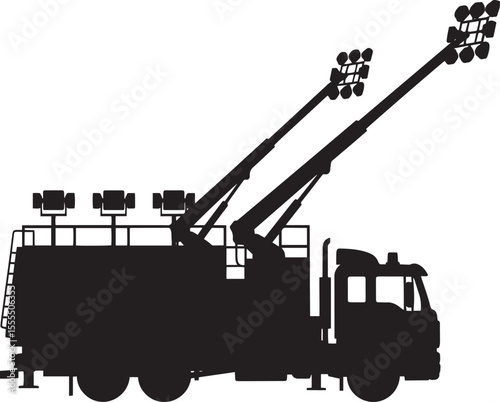 Lighting Truck Flat Black Silhouette with Raised Light Towers, Construction Utility Support Vehicles on White Background