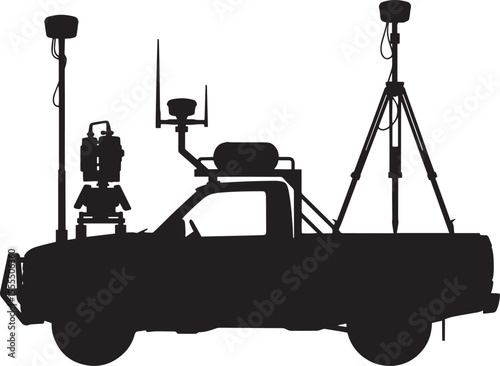 Survey Vehicle Flat Black Silhouette with Mounted GPS or Tripod Equipment, Construction Utility Support Vehicles on White Background
