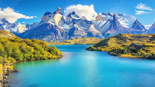 Scenic lake surrounded by snow-capped mountains and lush vegetation.