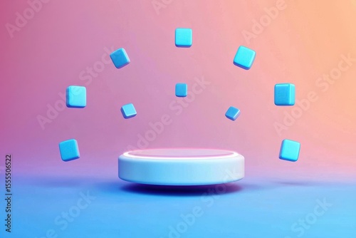 A futuristic floating white platform surrounded by levitating blue cubes on a gradient pink and blue background.