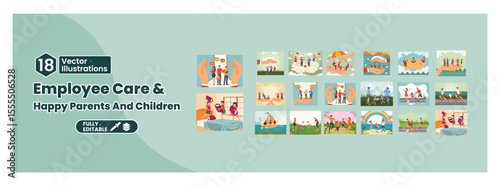 Set of illustrations depicting happy family moments and employee relationships. Mega set.