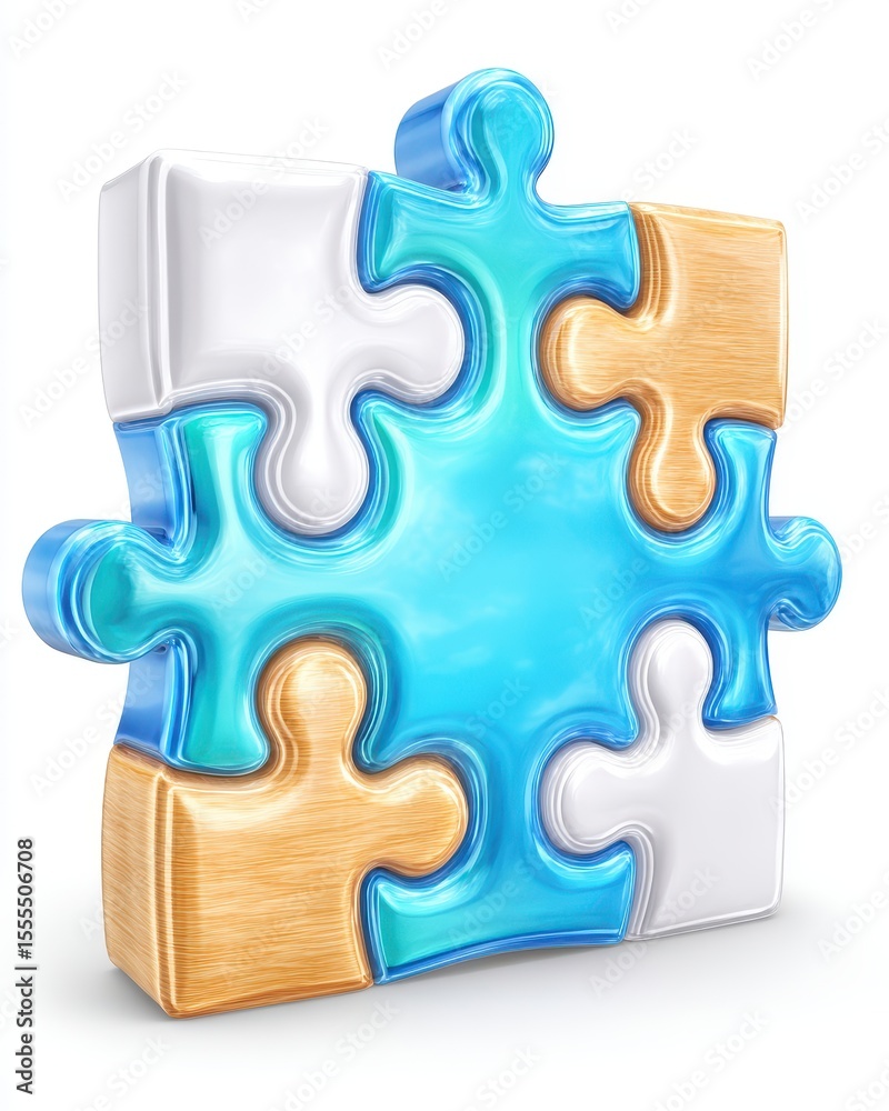 Obraz premium Glossy 3D Puzzle Pieces Blue, White and Beige Interlocking Sections