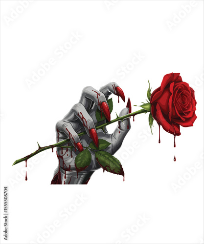 A dramatic image of a hand with sharp, bloody nails holding a dripping red rose
