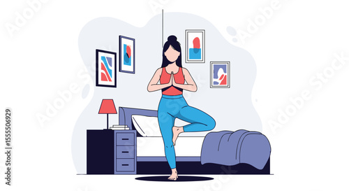 Woman practicing tree pose yoga in her bedroom maintaining balance and flexibility for overall well-being