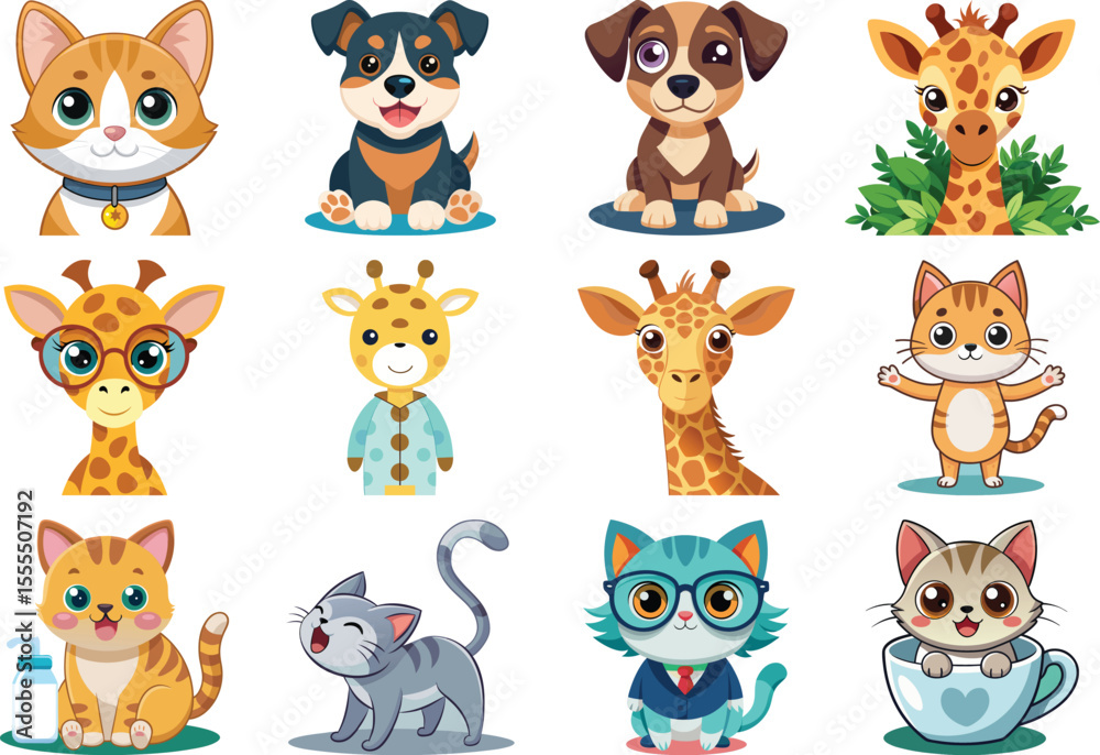 Naklejka premium Adorable Cartoon Animals: Cats, Dogs, and Giraffes; Cheerful, Playful Style; Perfect for Children's Products