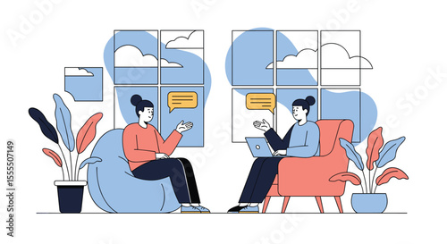 Two people are sitting on chairs talking about something while working on their laptops and plants are around them
