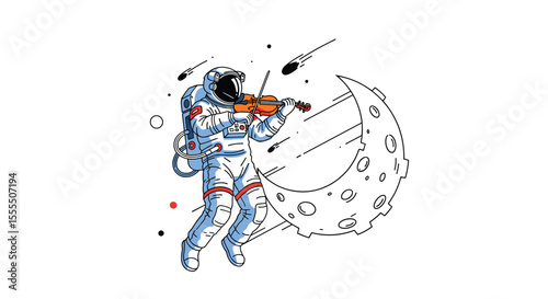 An astronaut plays the violin with a crescent moon and debris floating around in the vast expanse of space a unique artistic depiction of cosmic music