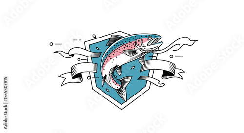 Dynamic Illustration of a Leaping Trout Within an Emblematic Shield Design with Decorative Ribbons and Abstract Elements Capturing the Spirit of Aquatic Adventure and Nature's Beauty