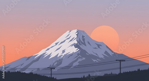 Minimalist Snow-Capped Mountain Landscape at Sunset with Power Lines – Flat Geometric Style