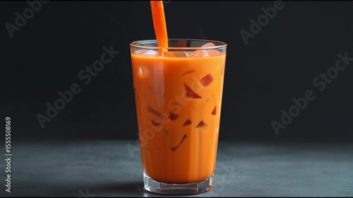 Refreshing Thai Tea Pouring Over Ice in Tall Glass