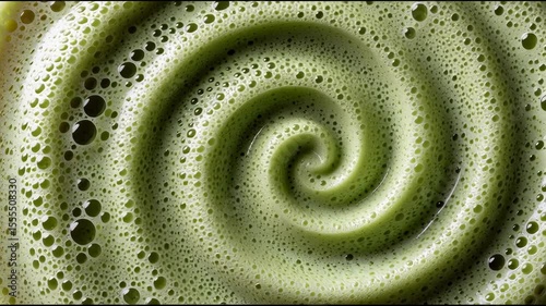 Swirling Matcha Latte Forming Spiral Pattern with Frothy Texture
