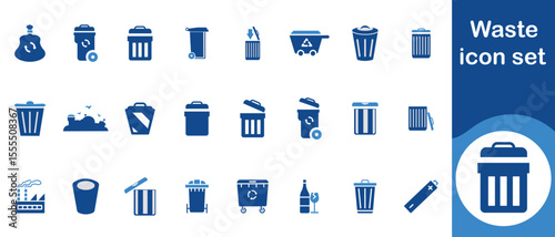 Waste icon set, shredder, pollution water analysis, medical, radioactive, pollution, excavator, biohazard drum, warning, solid, collection, green energy and more
