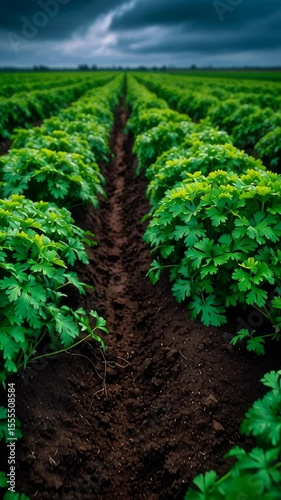 Cilantro Growing in Lush Field Before Storm