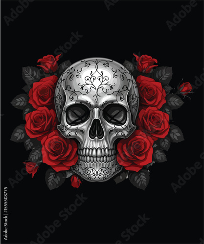 Detailed Sugar Skull with Red Roses on Black Background
