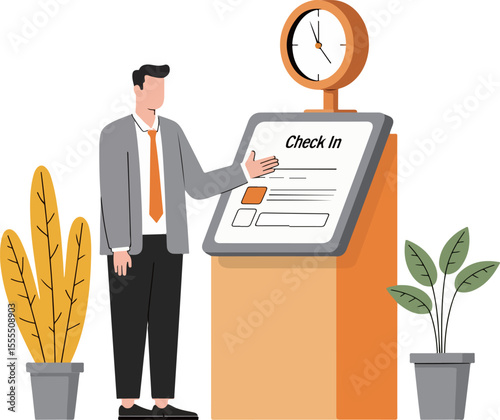 Man Checking In at Automated Kiosk