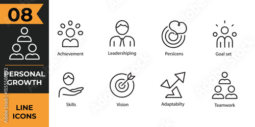 Personal Growth Line Icon Set – Leadership, Skills, Vision & Teamwork