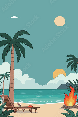Beach Bonfire and Sailboat Illustration