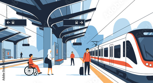 Modern urban transit station with accessible platforms and diverse passengers waiting for trains on a sunny day