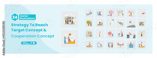 Set of illustration depicting strategy to reach target and cooperation concept. Mega set.