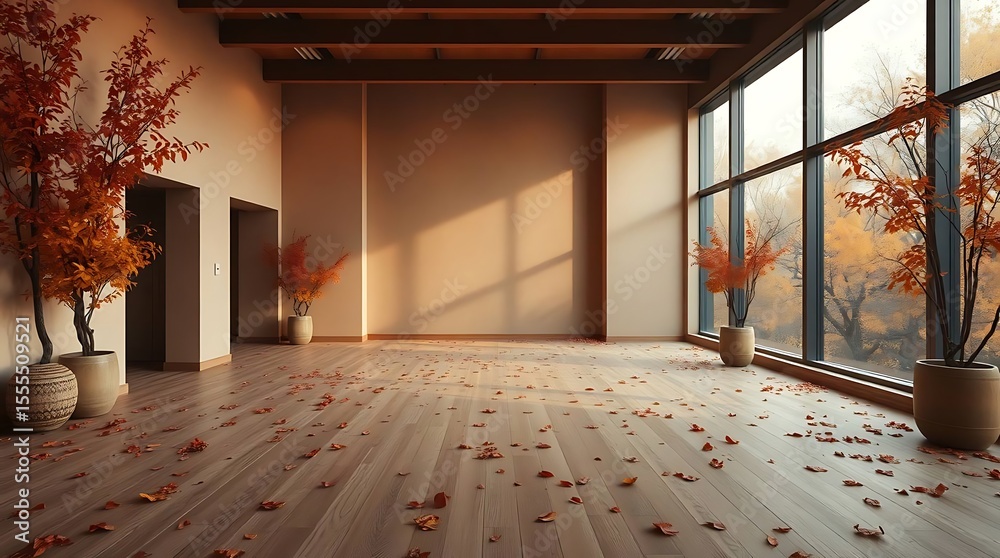 Fototapeta premium Autumn serenity, illuminated room with potted plants and falling leaves