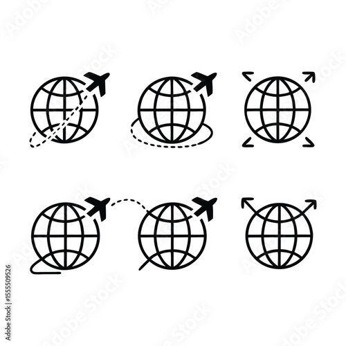 Six outlined globe icons, some with dashed lines and airplane symbols representing travel routes.